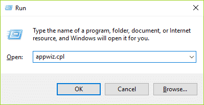 appwiz.cpl en el cuadro de diálogo de ejecución.  Solucionar el error El recurso solicitado está en uso