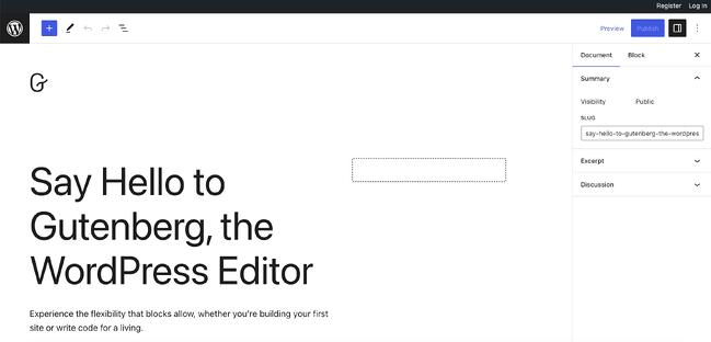 Elementor vs Gutenberg: página de inicio del editor de Gutenberg. 