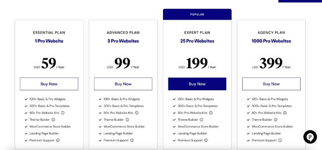 Elementor vs Gutenberg: precios de Elementor enumerados en su sitio web para cuatro niveles diferentes. 