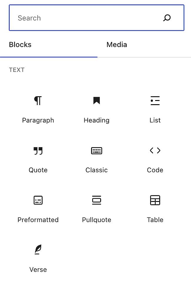 Elementor vs Gutenberg: Diferentes bloques que puedes agregar a tu página usando el editor de Gutenberg. 