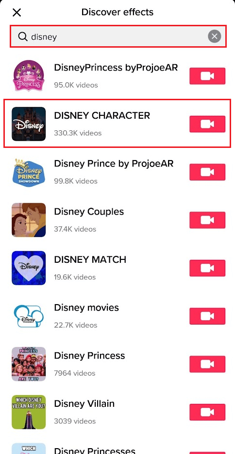 Toque el filtro de Disney deseado de los resultados de búsqueda |  Cómo obtener el filtro de Disney Pixar en Instagram