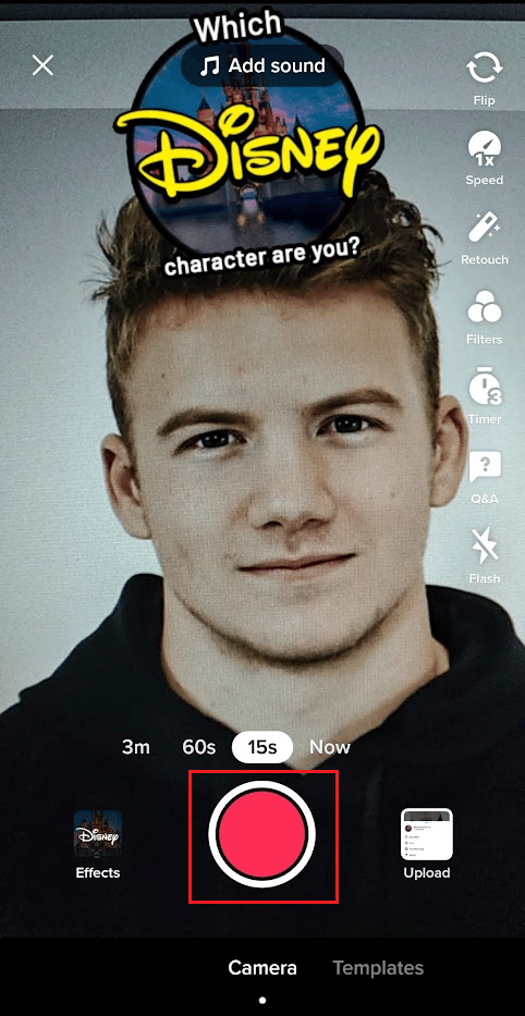 Mantenga presionado el ícono de grabación para grabar el video con el filtro de Disney seleccionado