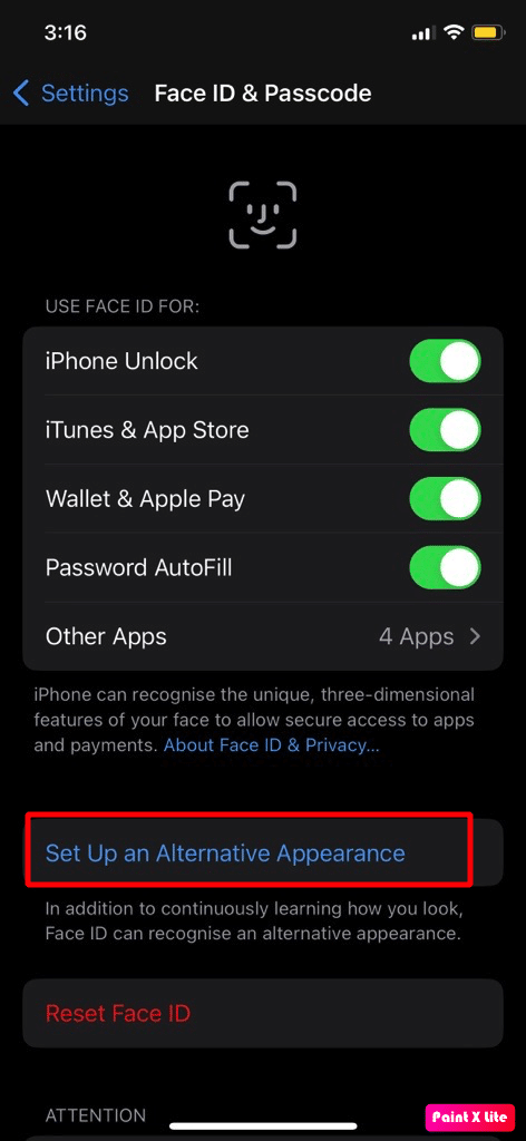 toca configurar una apariencia alternativa |  Cómo solucionar el problema de Face ID que no funciona en iPhone