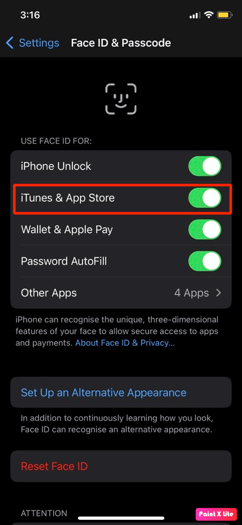 activa la opción iTunes y tienda de aplicaciones |  Cómo solucionar el problema de Face ID que no funciona en iPhone