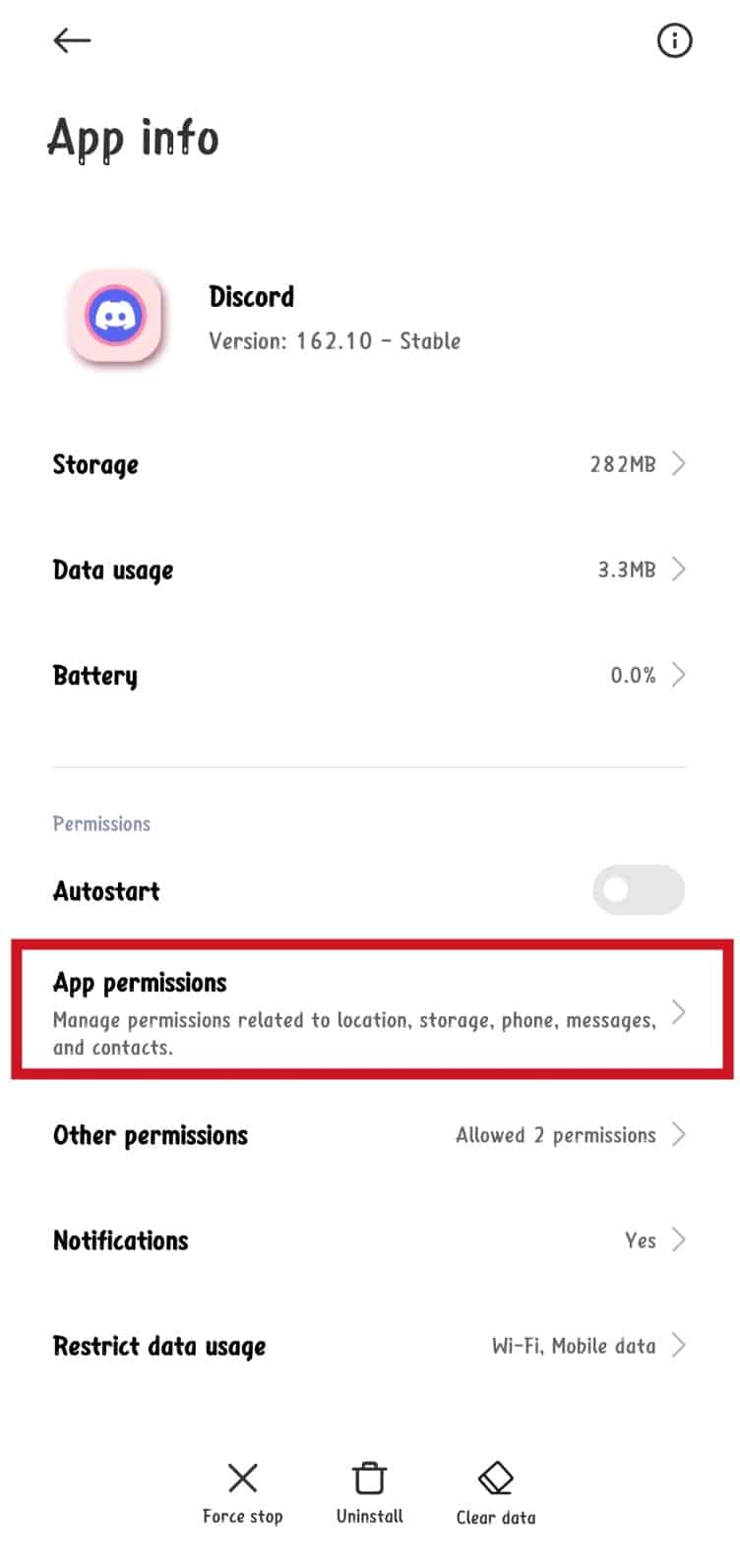 Toca Permisos de la aplicación