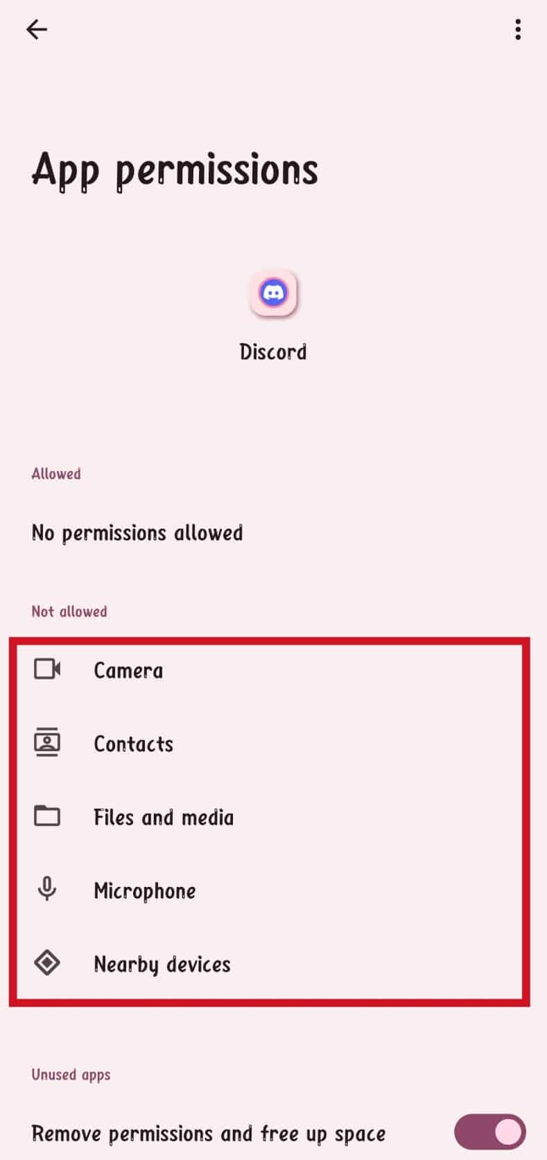 toque las opciones en la sección No permitido