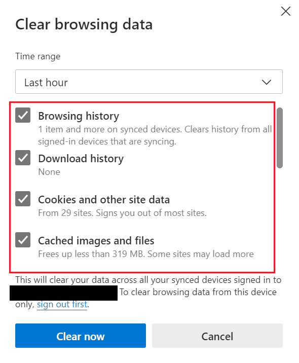 desmarque cualquier casilla |  Cómo borrar caché y cookies en Microsoft Edge