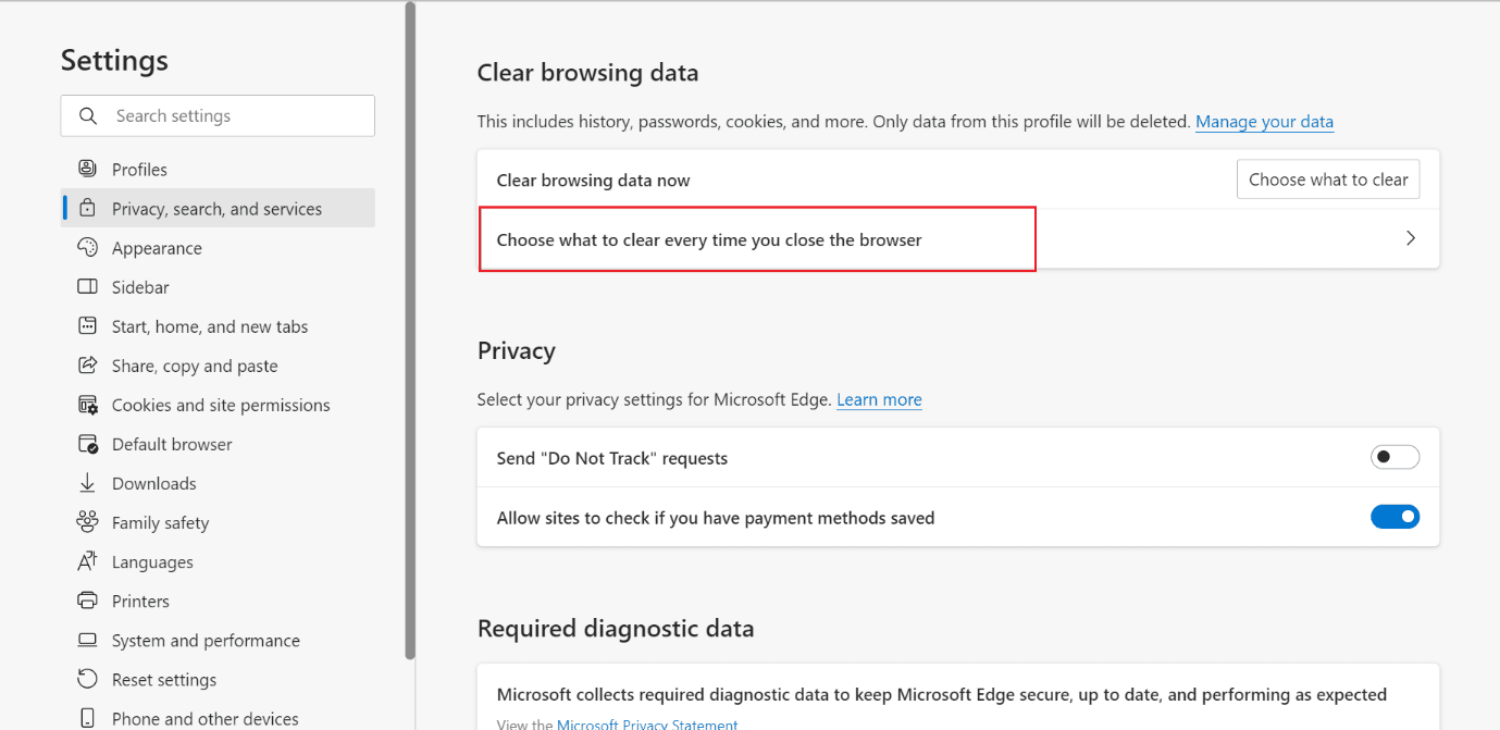 elige qué borrar cada vez que cierras el navegador |  Cómo borrar caché y cookies en Microsoft Edge