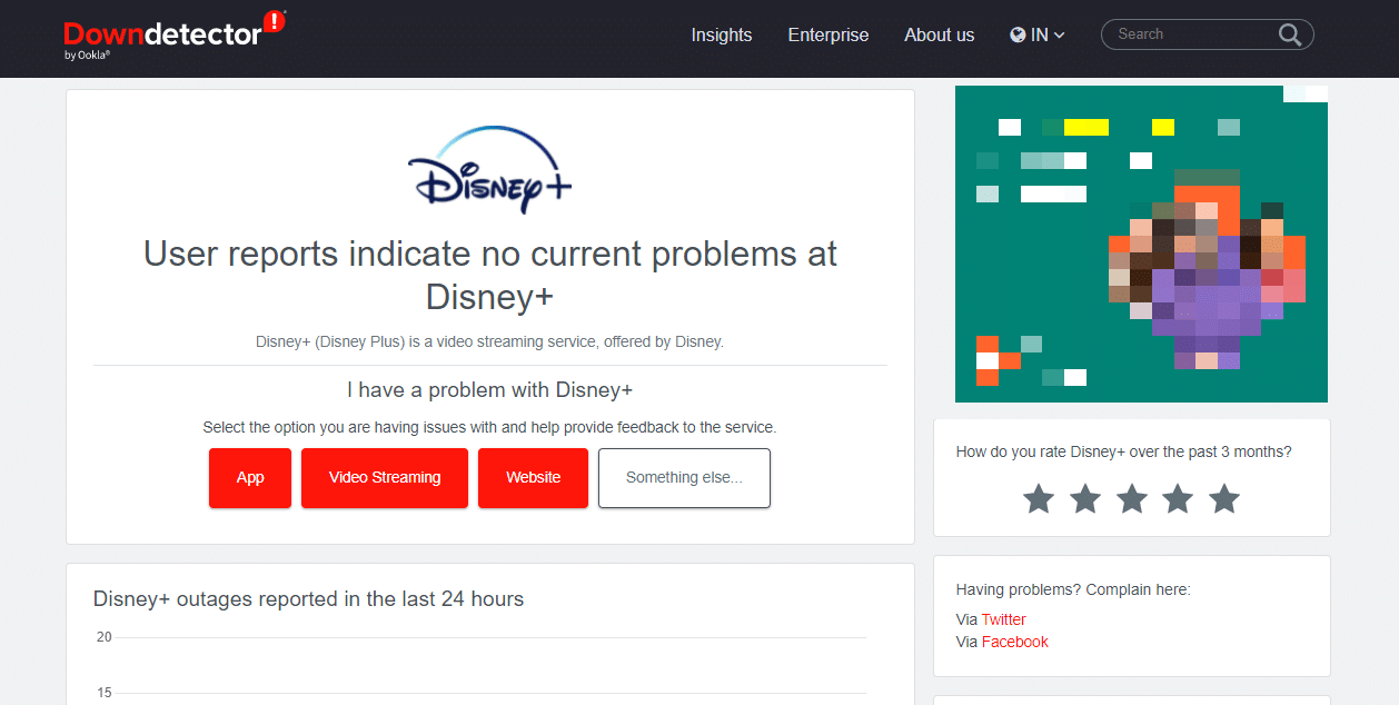 Página del detector de caídas de Disney Plus