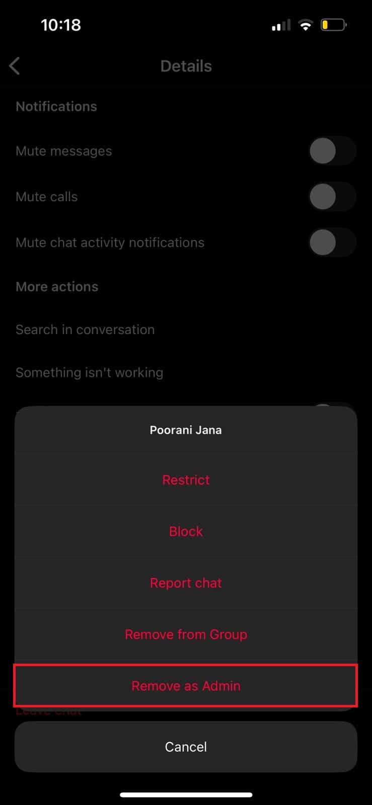 Seleccione Eliminar como administrador.