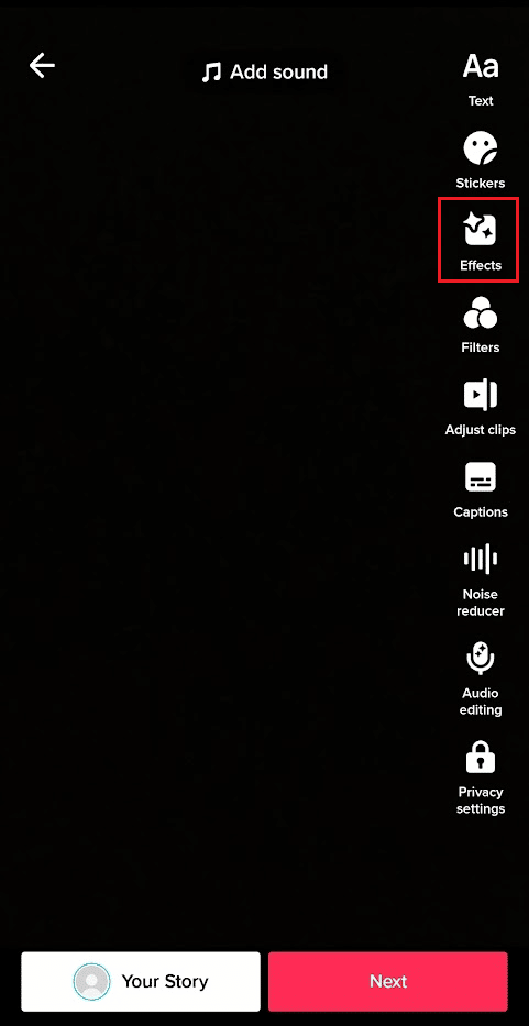 toque la pestaña Efectos en el panel derecho |  agregue el filtro TikTok al video existente