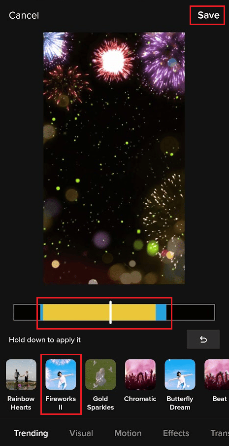 Arrastre el control deslizante de la línea de tiempo en el primer filtro de la línea de tiempo; seleccione el segundo filtro deseado del panel inferior y colóquelo en el primer filtro. 