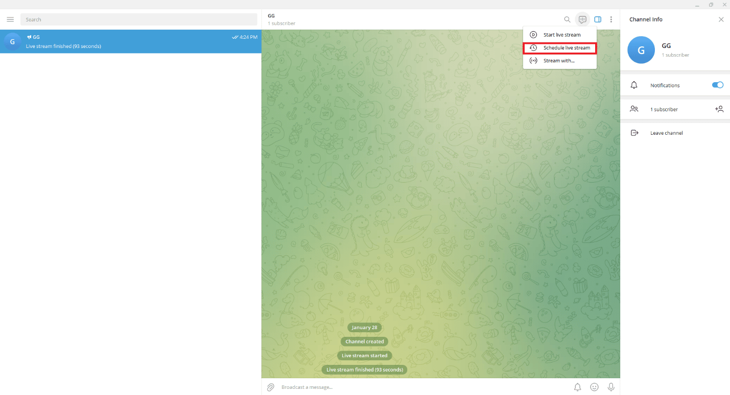 Haga clic en la opción Programar transmisión en vivo.  Cómo transmitir en vivo en Telegram