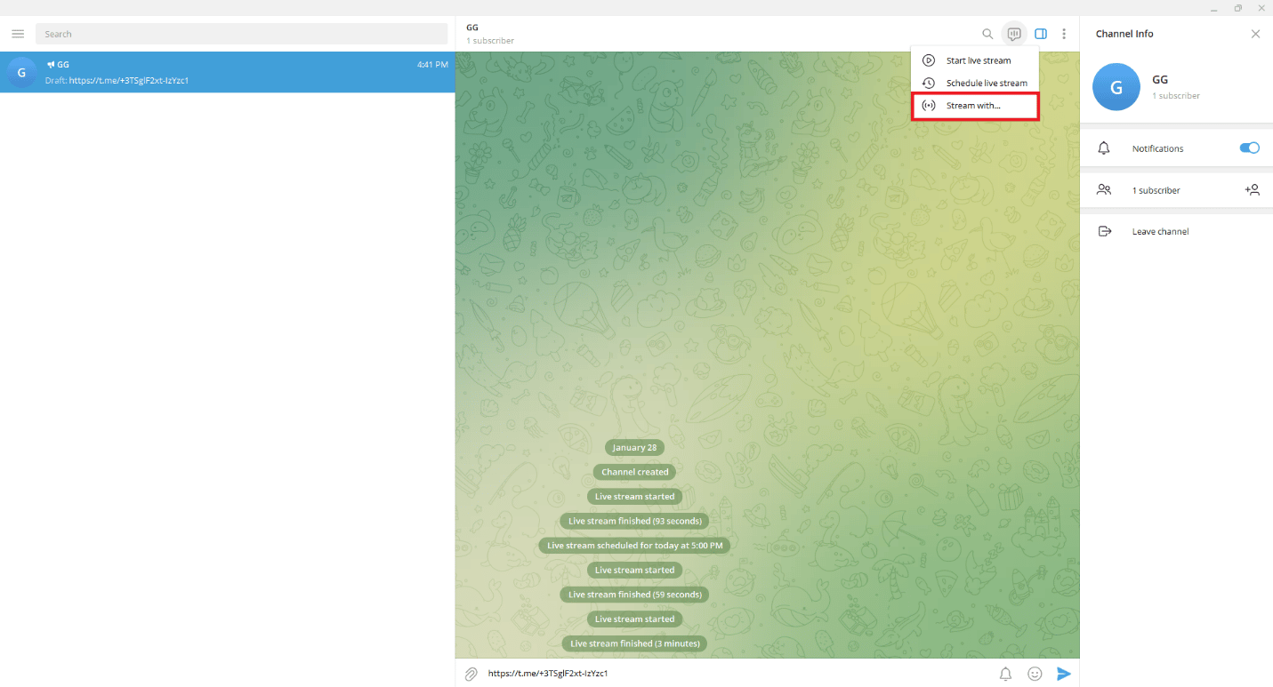 haga clic en la opción Transmitir con….  Cómo transmitir en vivo en Telegram