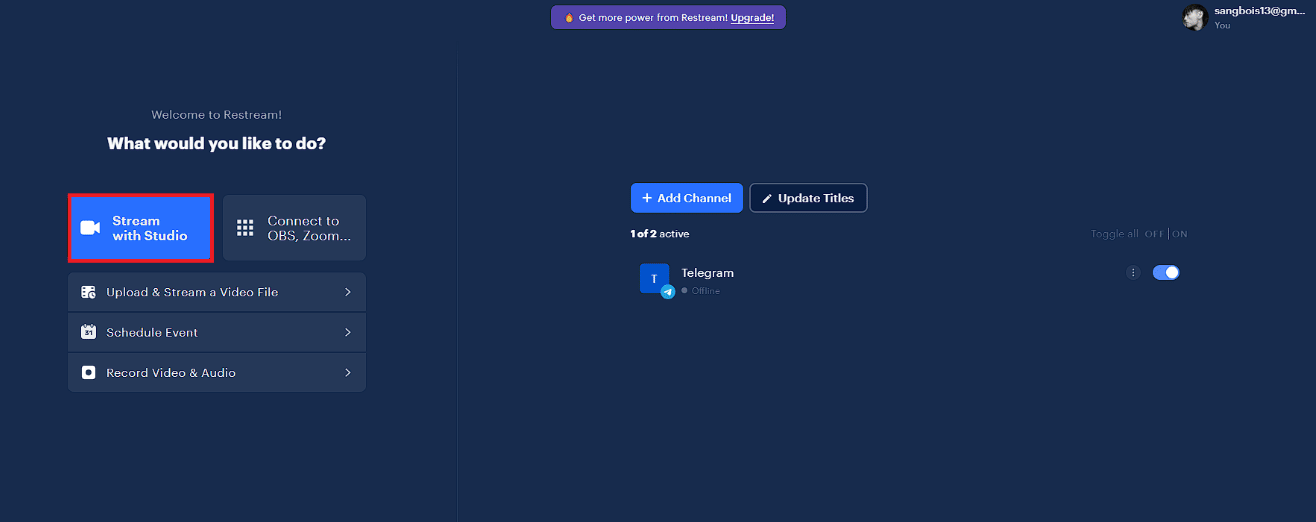 Haga clic en la opción Transmitir con Studio.  Cómo transmitir en vivo en Telegram