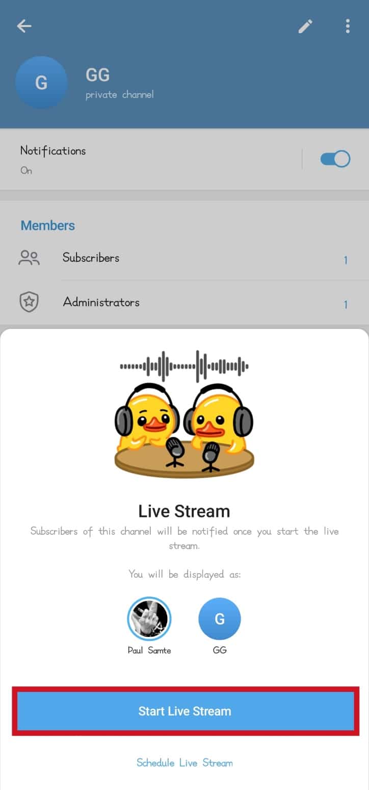 Toque el botón Iniciar transmisión en vivo.  Cómo transmitir en vivo en Telegram