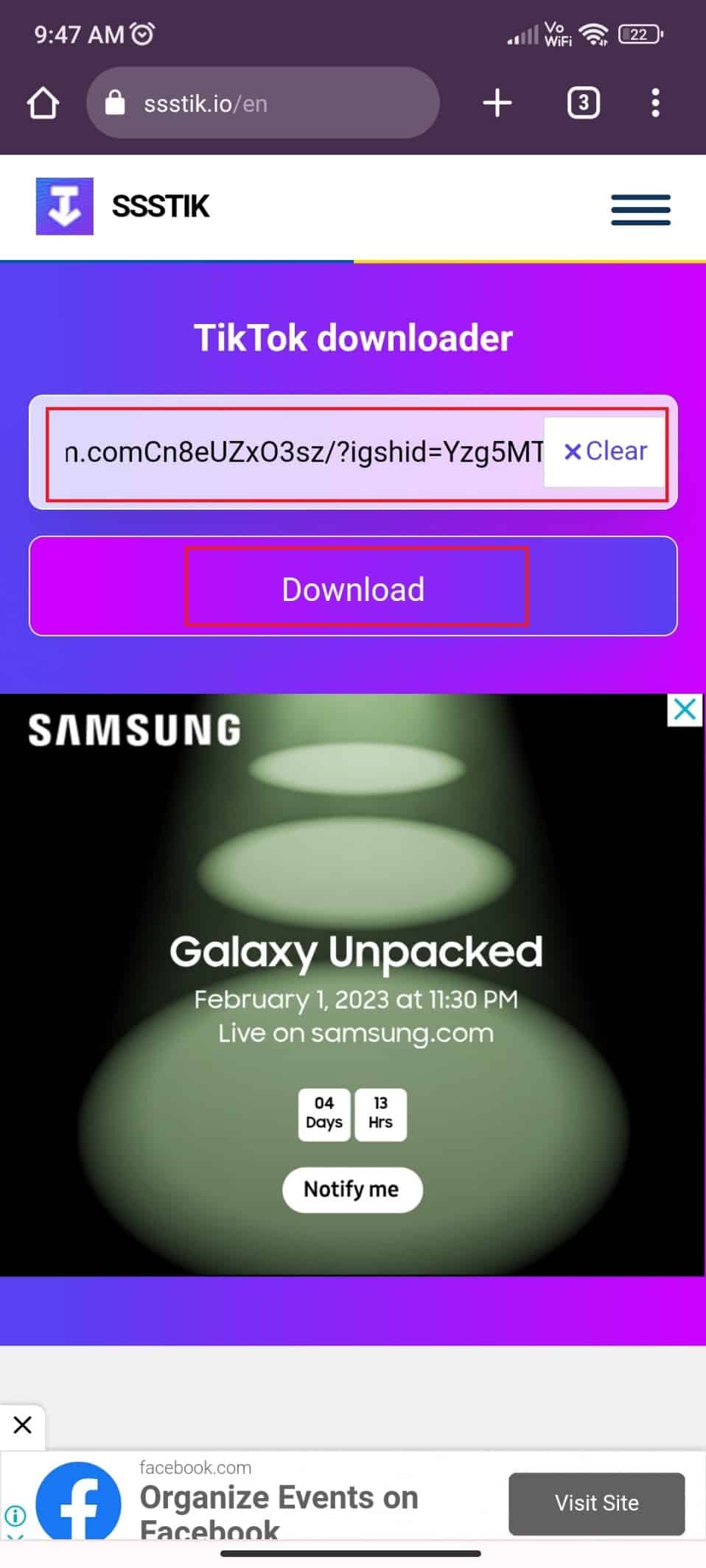 Pegue el enlace al video en el espacio indicado y haga clic en la opción Descargar 