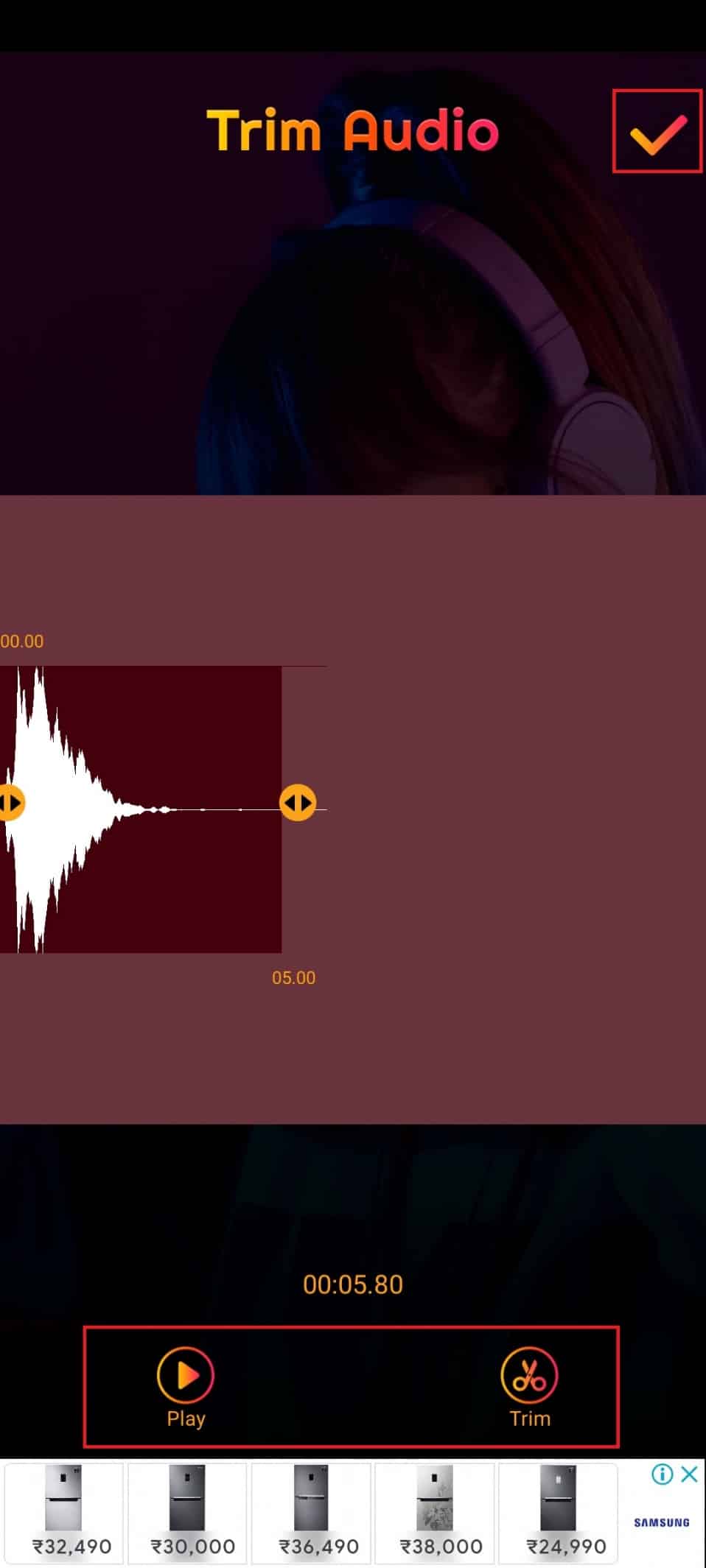 Ahora puede reproducir, recortar y guardar el audio 