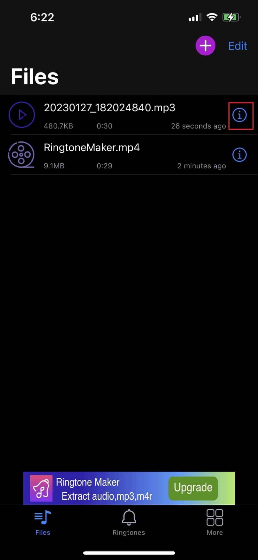 Toque el ícono i junto al audio que acaba de guardar |  Cómo guardar un sonido TikTok como tono de llamada