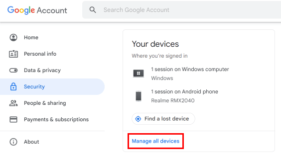 En seguridad, desplácese hacia abajo hasta Sus dispositivos y haga clic en Administrar todos los dispositivos.  |  Cómo quitar YouTube de Smart TV