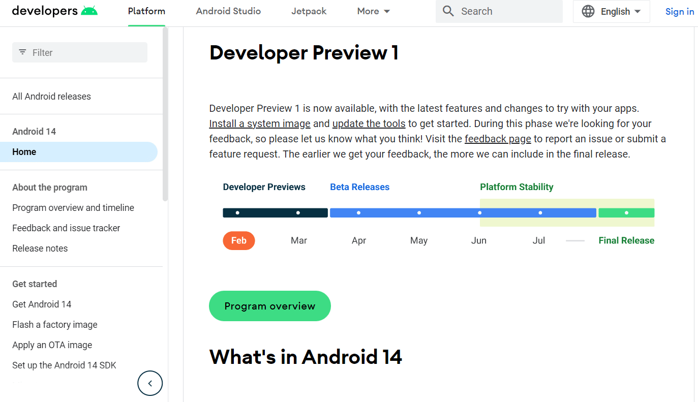 Vista previa para desarrolladores de Android 14