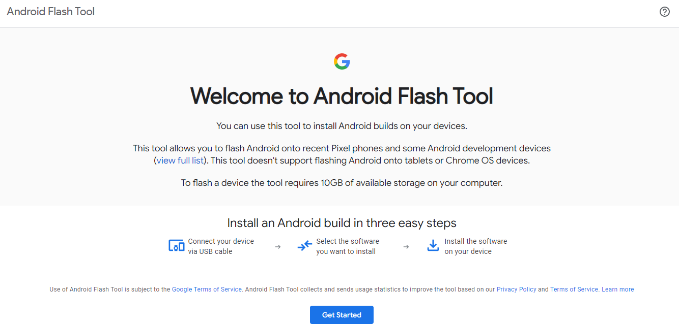 Sitio web oficial de Android Flash Tool.  Cómo cambiar de Android 14 a Android 13