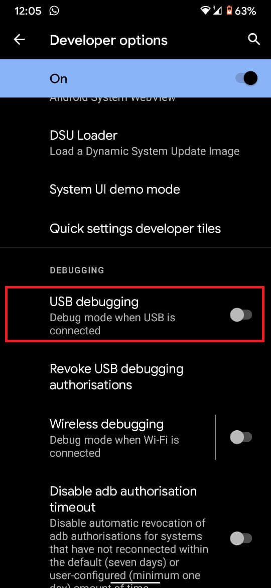 habilitar depuración de USB