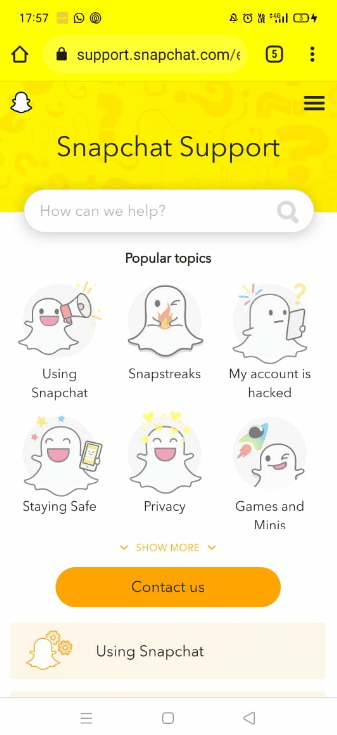 Ir a la página de soporte de Snapchat