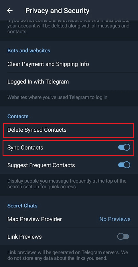 apague la palanca para sincronizar contactos desde la sección Contactos: toque la opción Eliminar contactos sincronizados | Cómo eliminar contactos en Telegram
