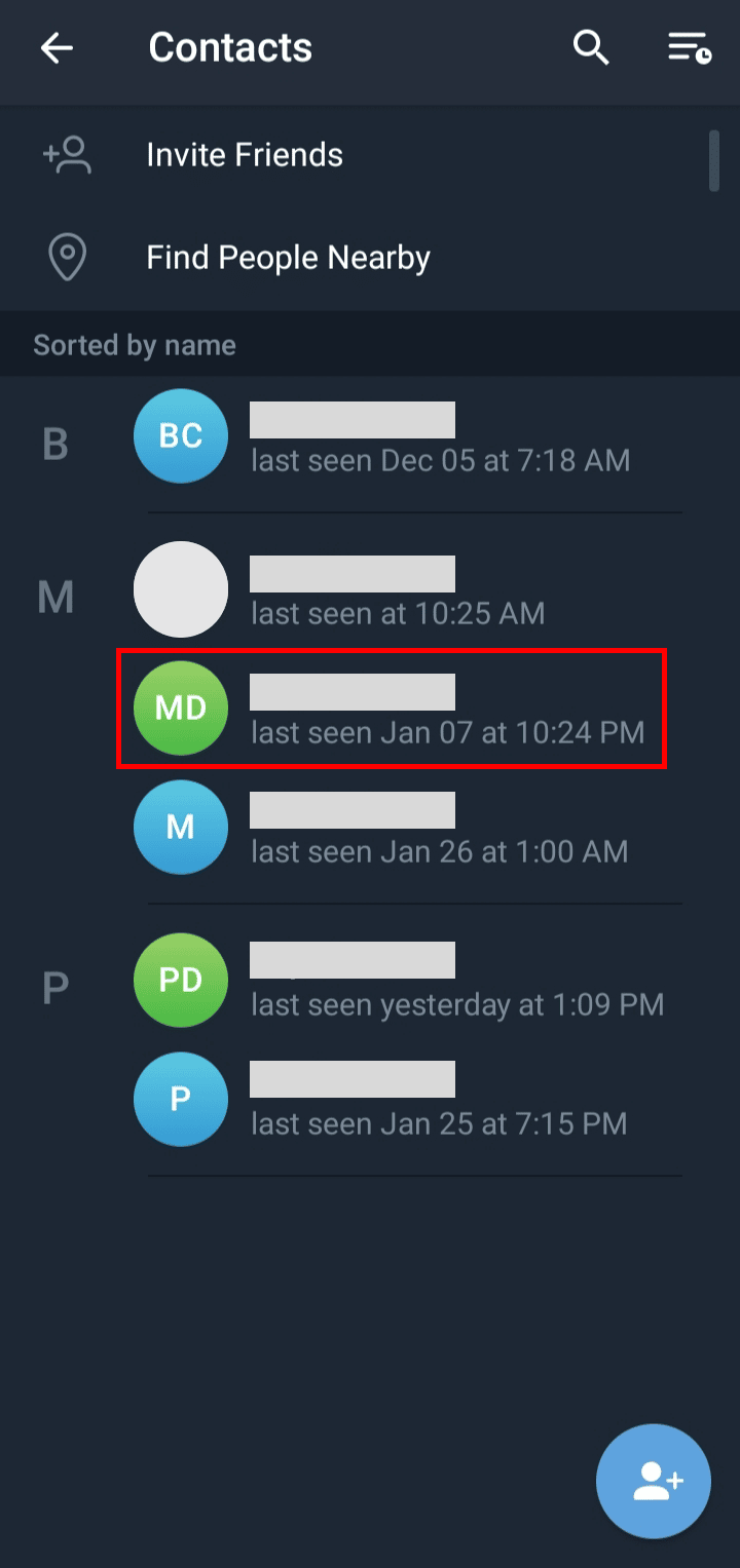 Desde los contactos, seleccione cualquier contacto y tóquelo. | Cómo eliminar contactos en Telegram