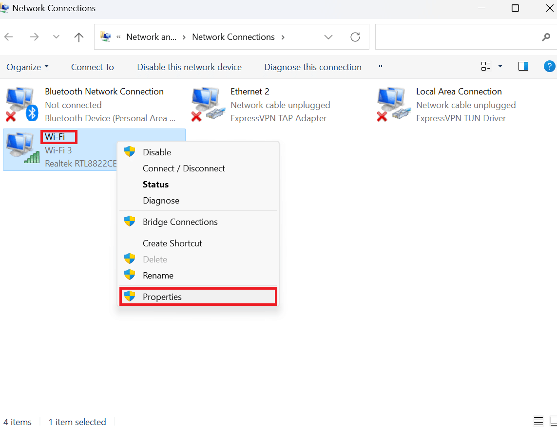 propiedades bajo conexiones de red