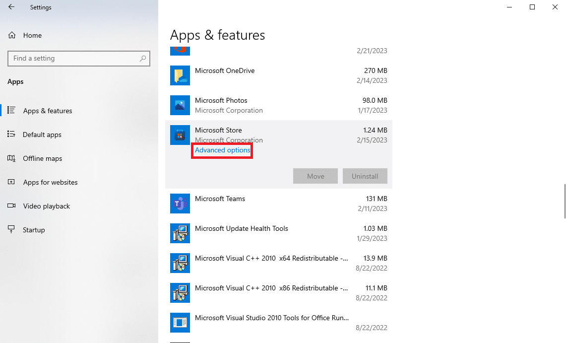 seleccione Microsoft Store y haga clic en Opciones avanzadas