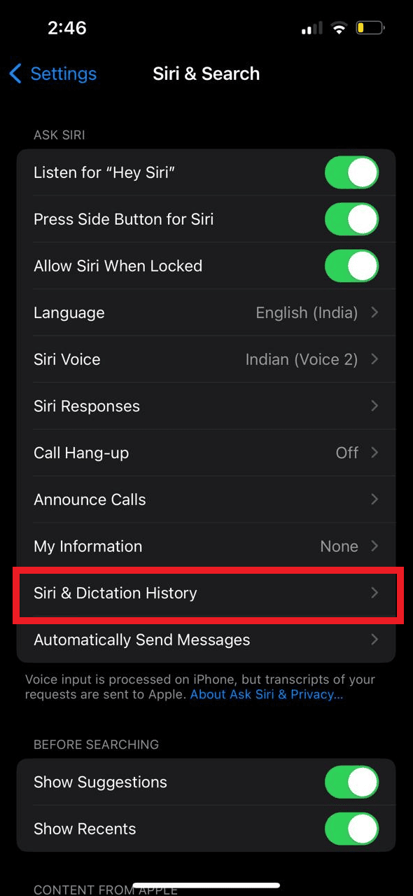 Toca Siri e Historial de dictados.
