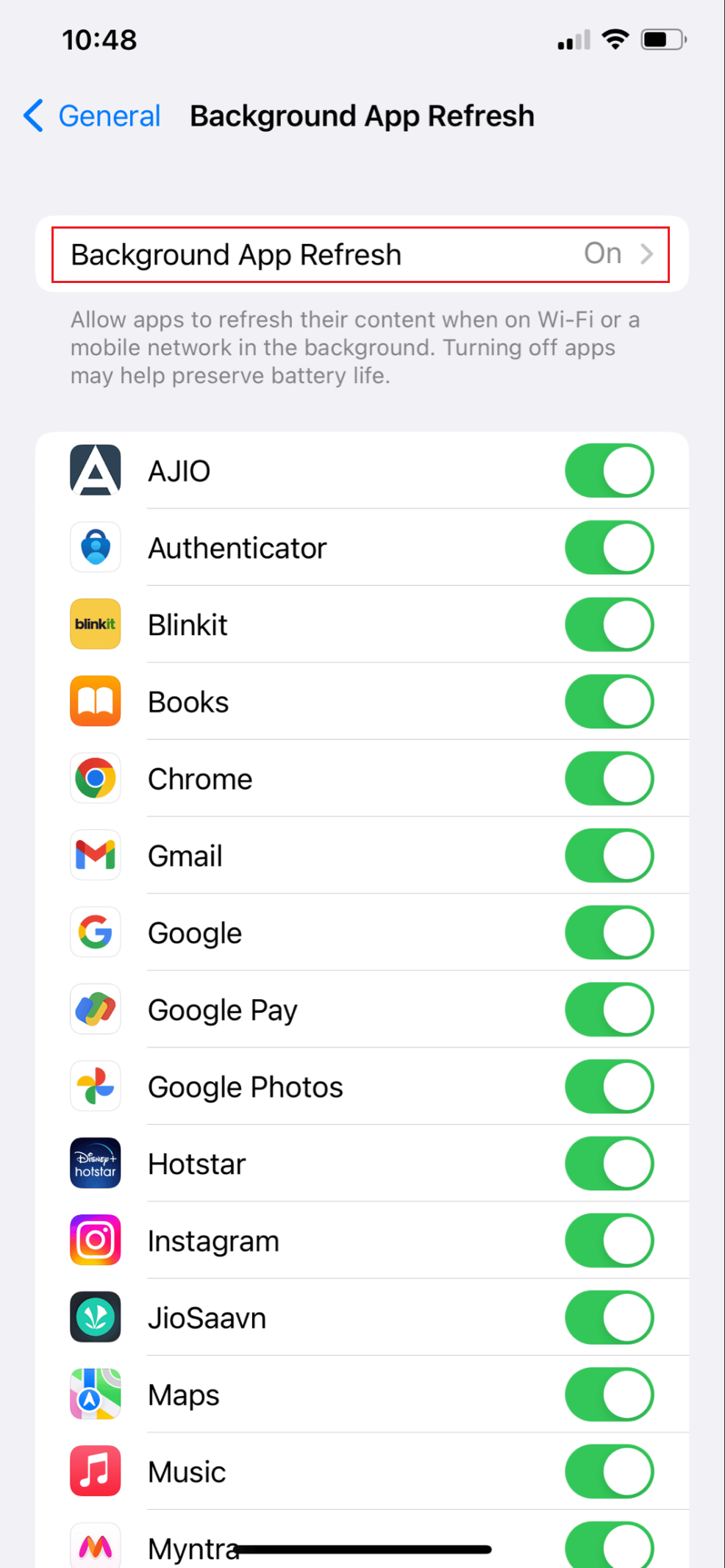 toca Actualizar la aplicación en segundo plano de nuevo