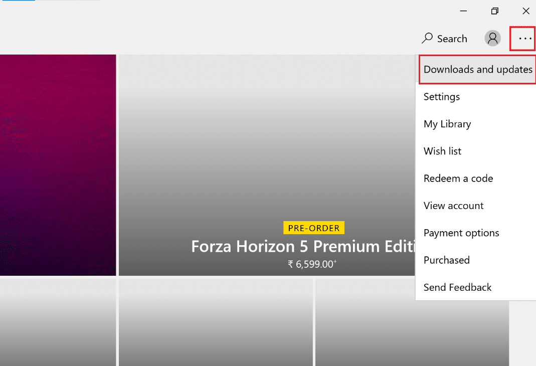 haga clic en descargas y actualizaciones en la Tienda.  Arreglar la pantalla negra de Hulu con problema de audio