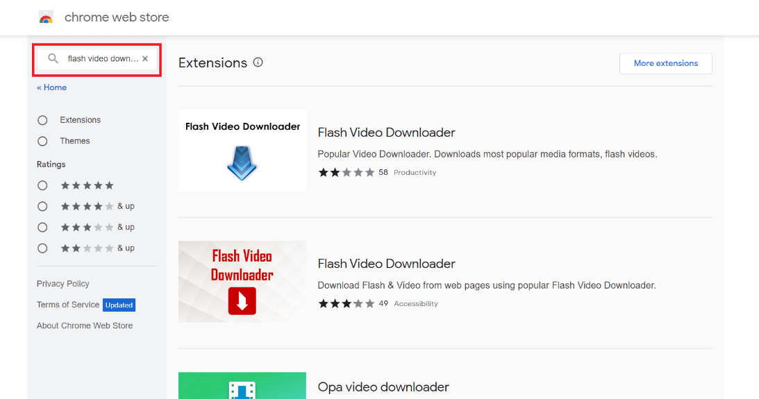 Abra Chrome Web Store y busque Flash Video Downloader.