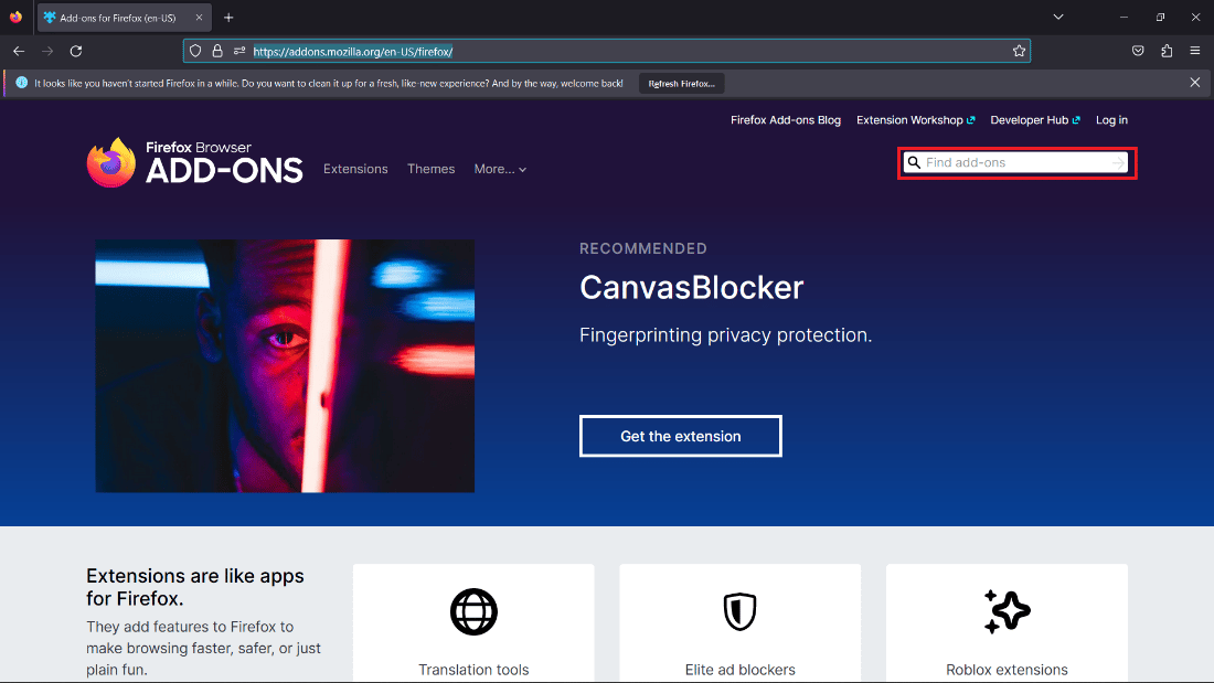 Vaya al sitio web de complementos de Firefox y busque la extensión deseada en el cuadro de búsqueda en la parte superior derecha de la pantalla |  ¿Cómo descargo videos Flash en Chrome?