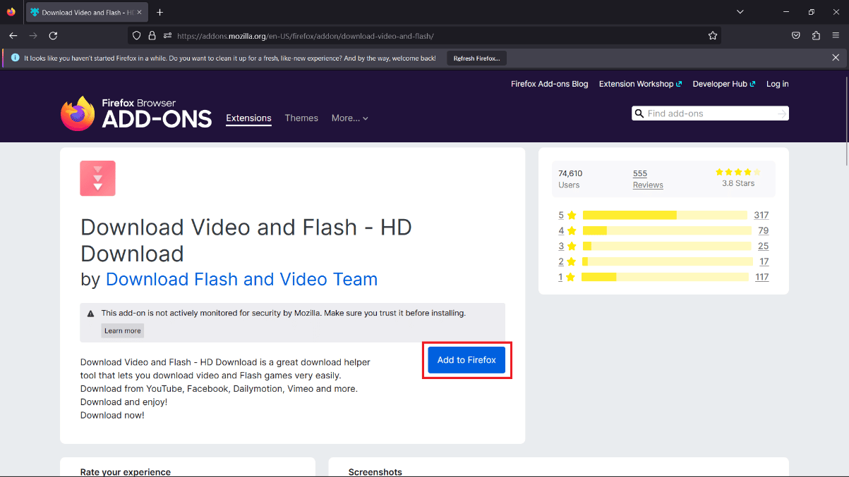 Haga clic en Agregar a Firefox para instalar la extensión.