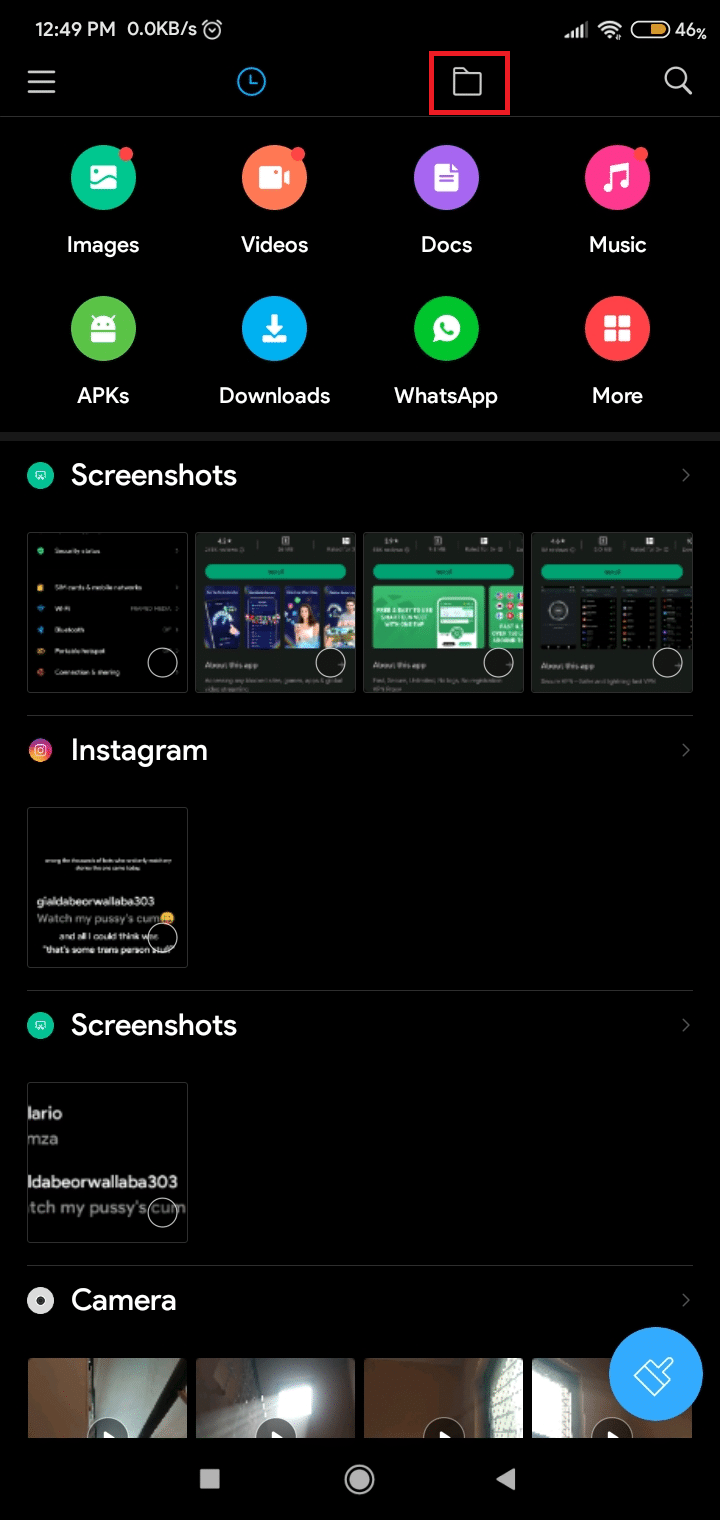 Toque el icono de la carpeta en la parte superior de la pantalla.  |  ¿Dónde se guardan las capturas de pantalla en Android?