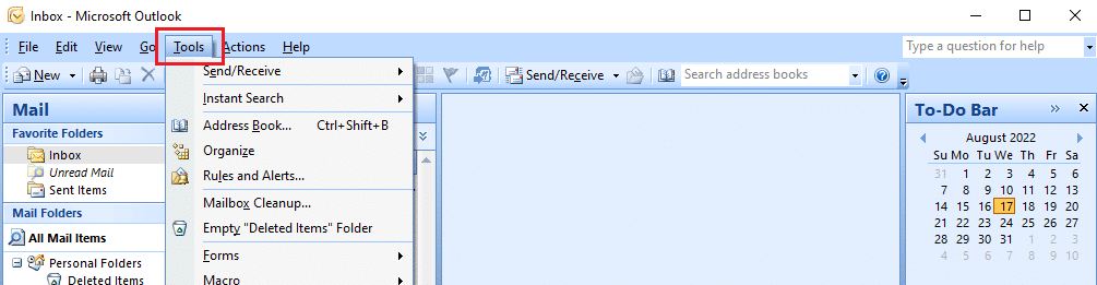 Menú o pestaña Herramientas en Outlook