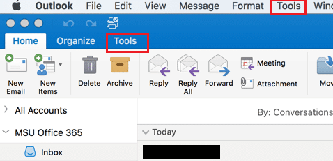 Menú Herramientas en Outlook para Mac