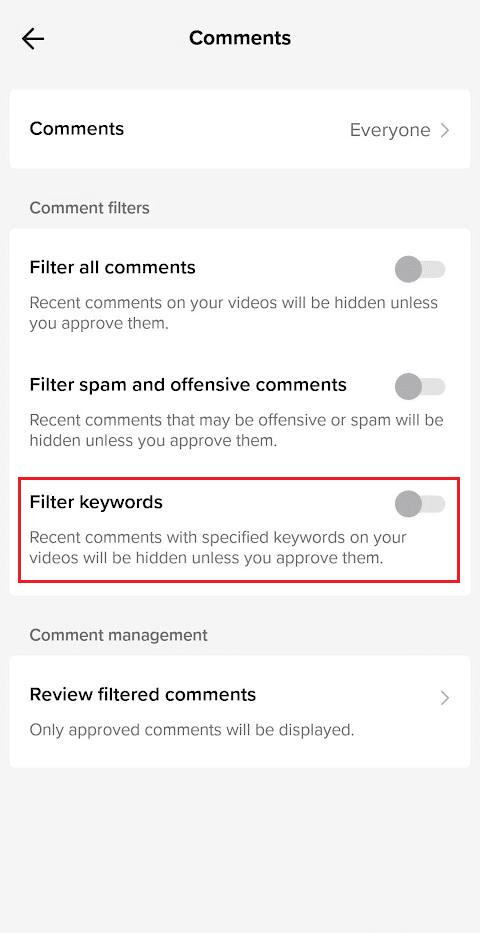 Active la palanca para la opción Filtrar palabras clave |  Cómo filtrar palabras en comentarios de TikTok