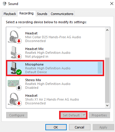 Ubique y seleccione Micrófono y luego haga clic en Establecer predeterminado