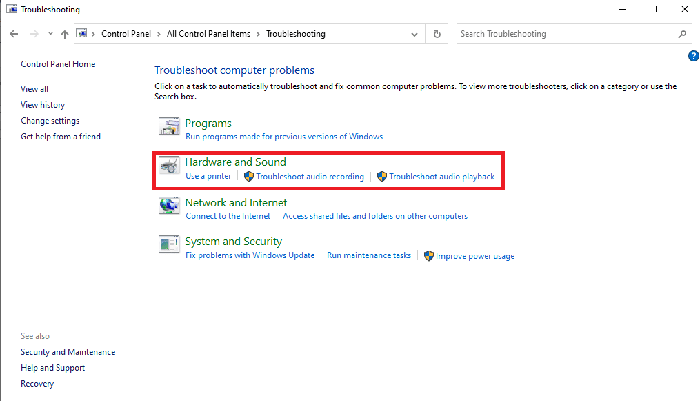 seleccione Hardware y sonido.  Cómo reparar el código de error de Audacity 9999 en Windows 10