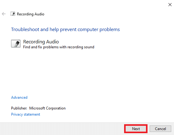 haga clic en Siguiente para iniciar el proceso de solución de problemas