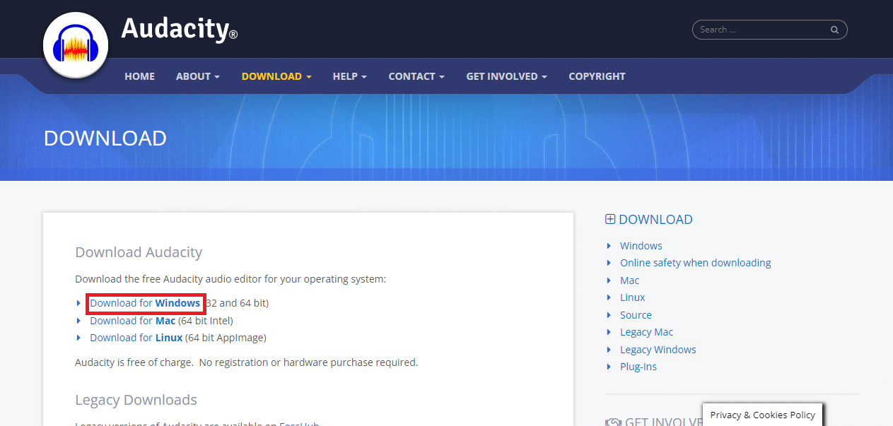 haga clic en el enlace Descargar para Windows.  Cómo reparar el código de error de Audacity 9999 en Windows 10