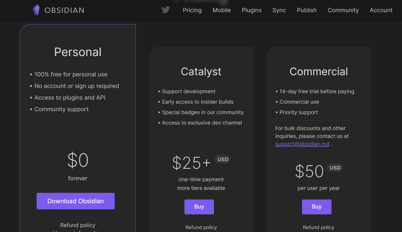 Página de precios de obsidiana