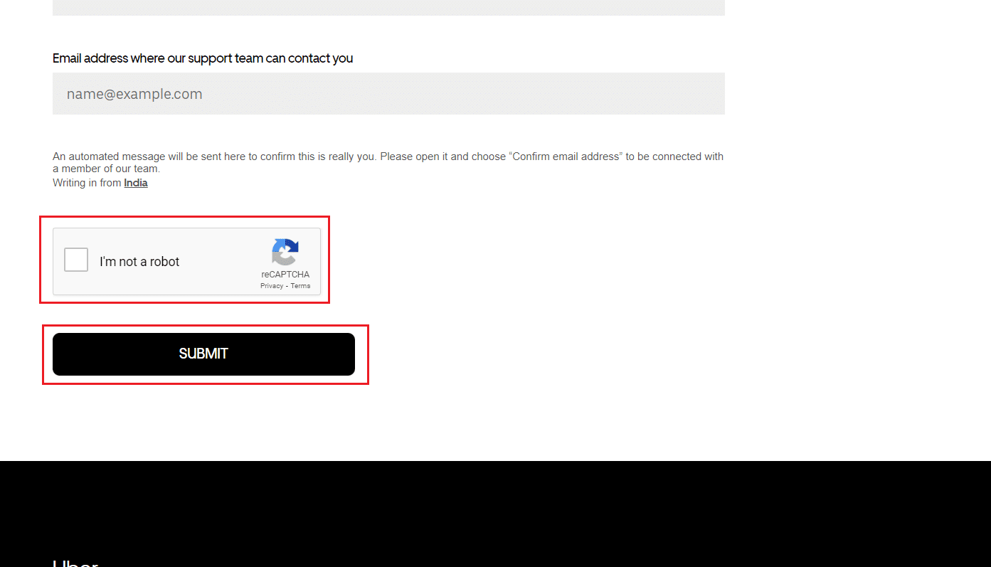 confirme el captcha y haga clic en ENVIAR desde la parte inferior de la página | Cómo reactivar una cuenta de Uber deshabilitada
