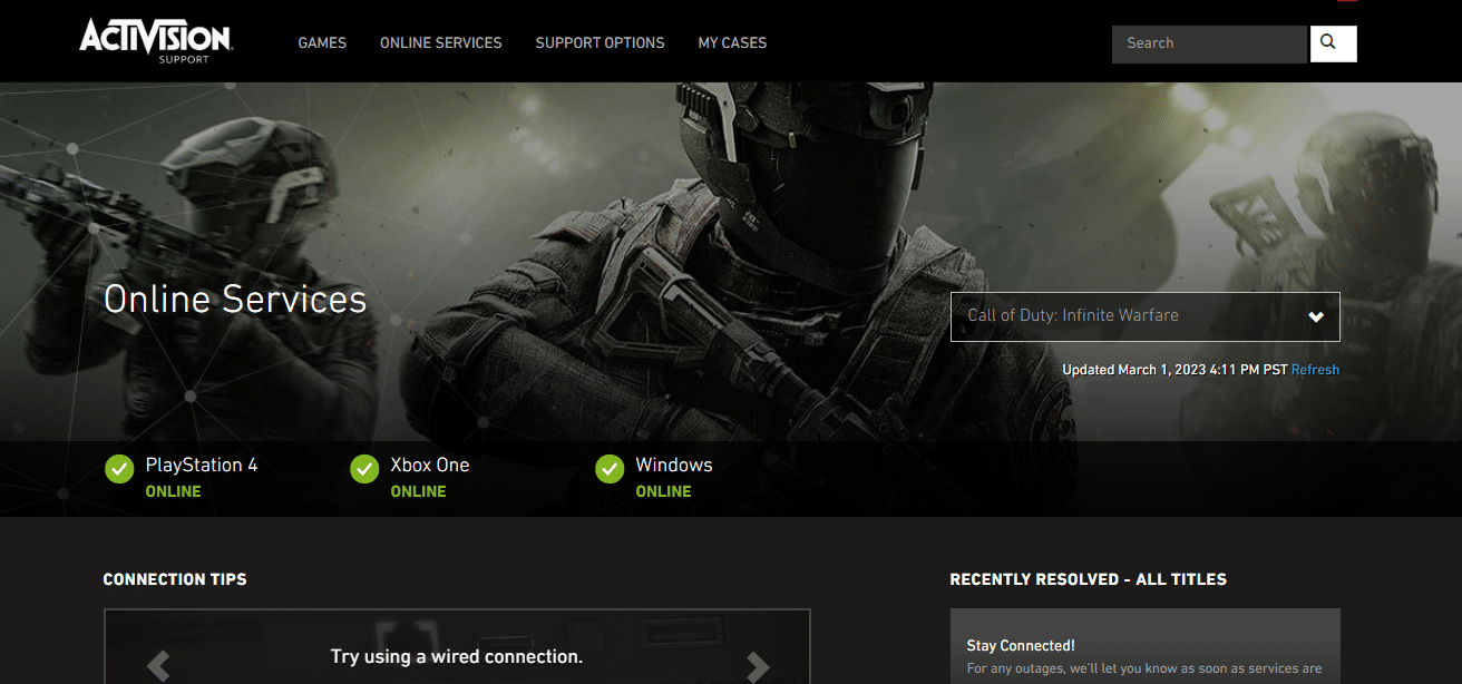 Página de servicios en línea de soporte de Activision de Infinite Warfare