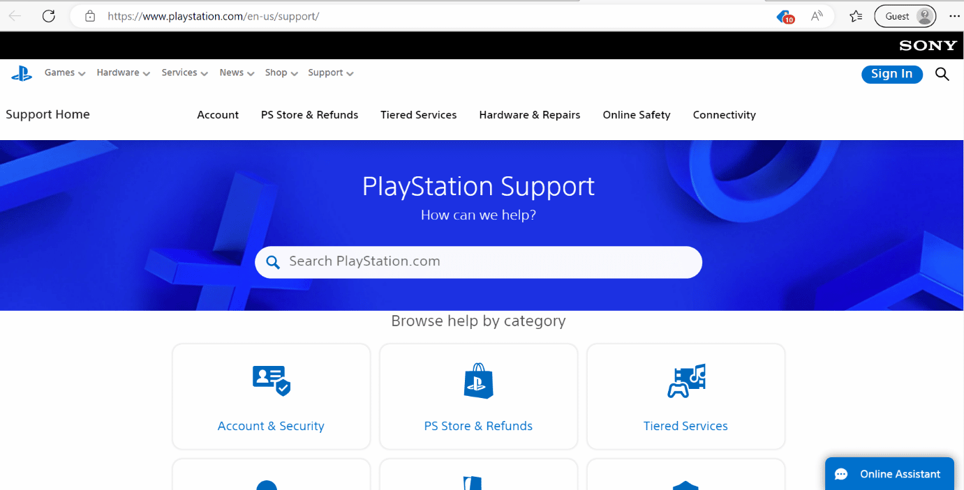 página de soporte de playstation